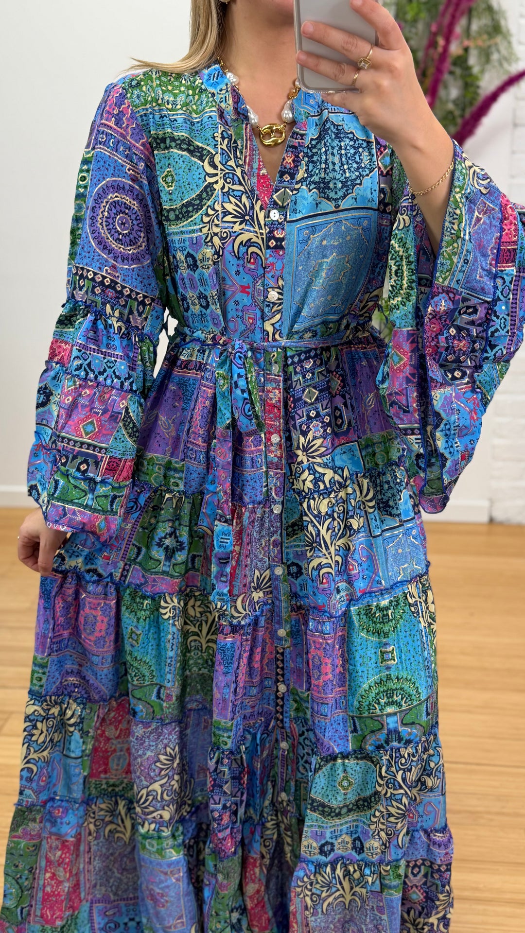 Robe patchwork en soie multicolore