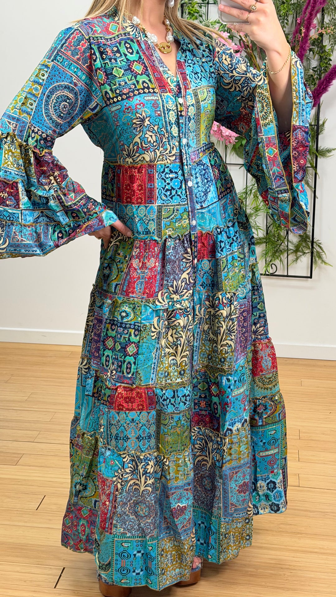 Robe patchwork en soie multicolore