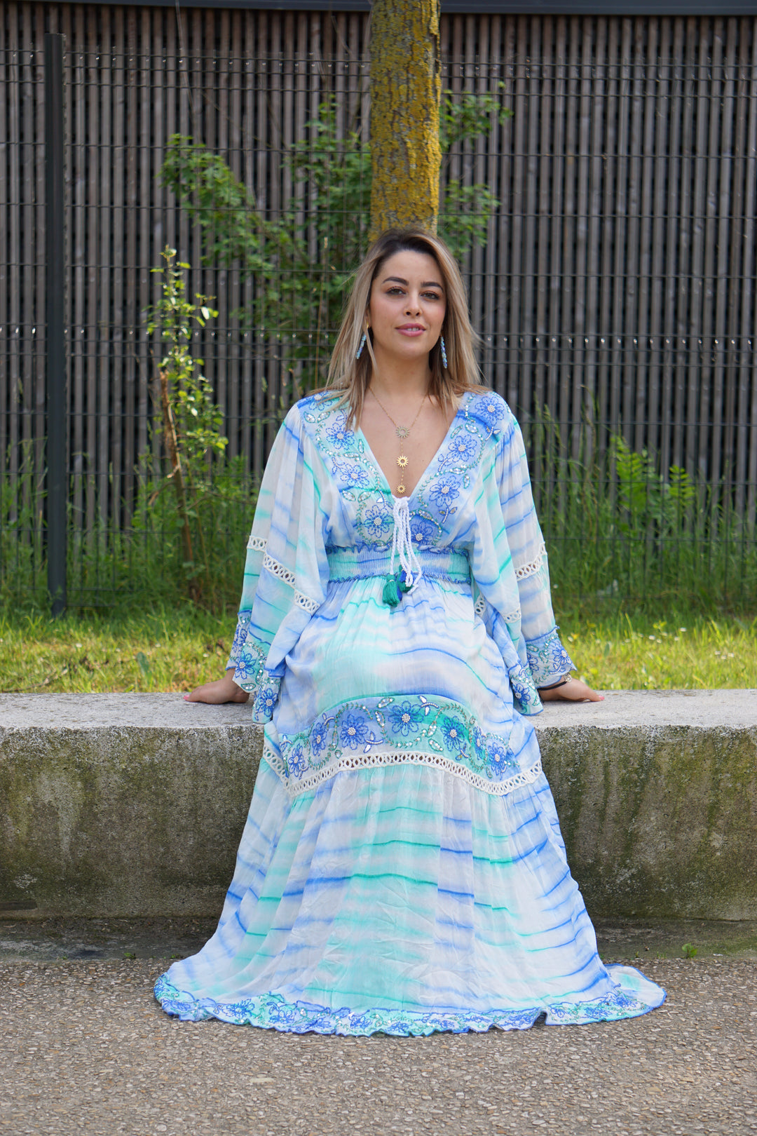 MALAGR ROBE LONGUE MAXI BOHÈME BLEUE DÉGRADÉ