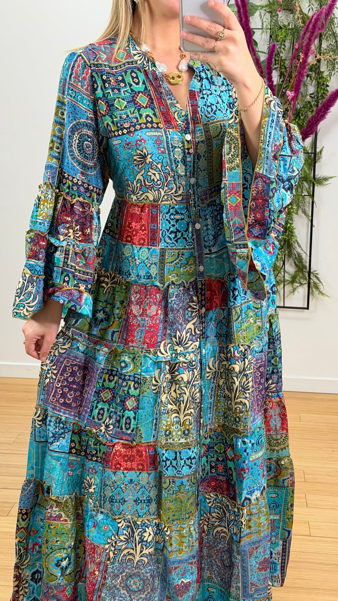 Robe patchwork en soie multicolore