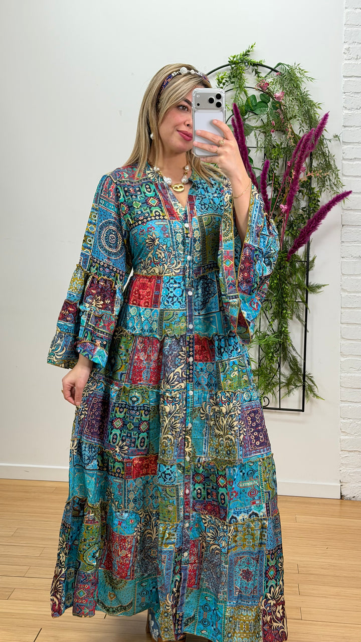 Robe patchwork en soie multicolore