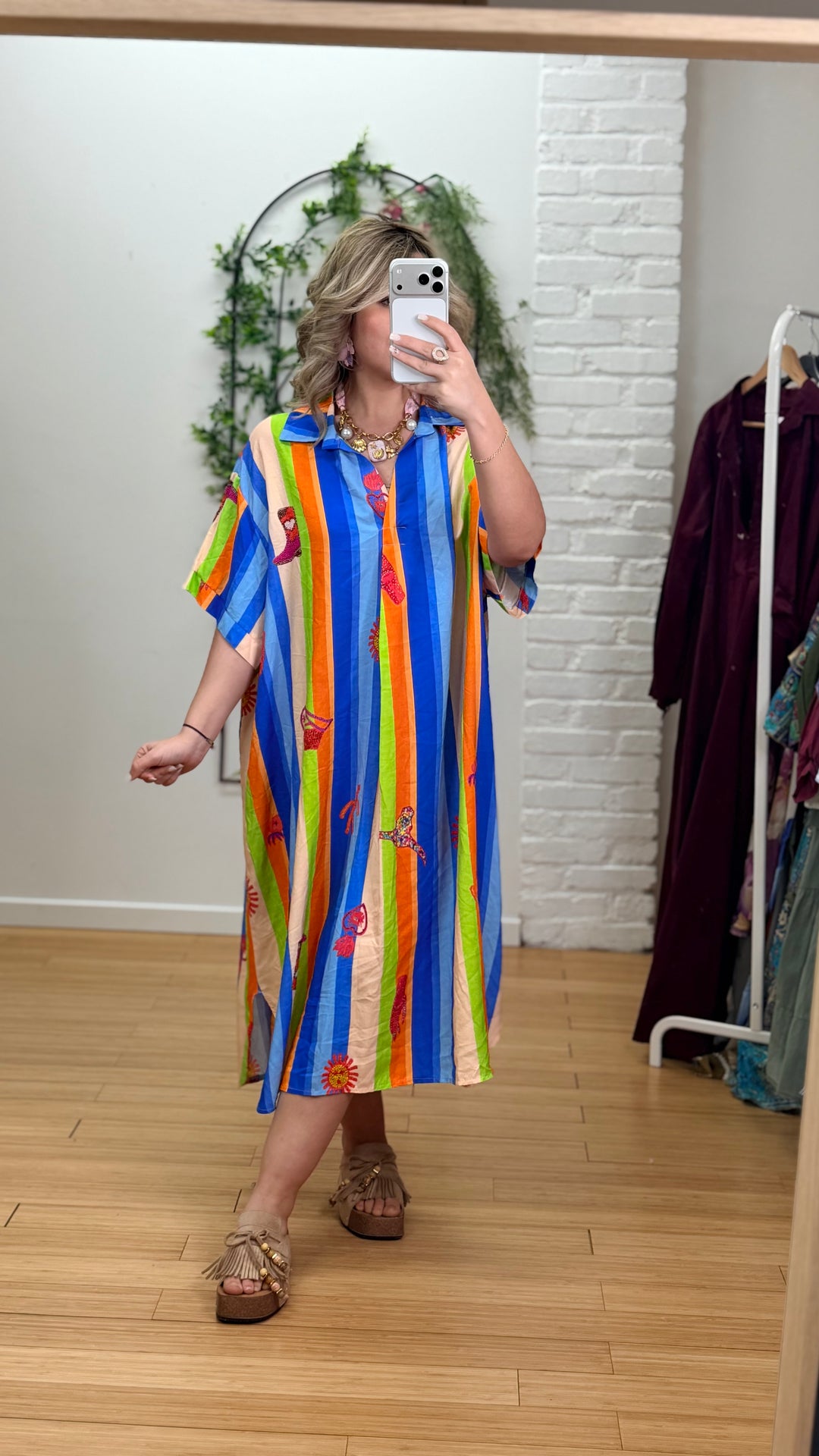 Robe midi à rayures, bleue oranger