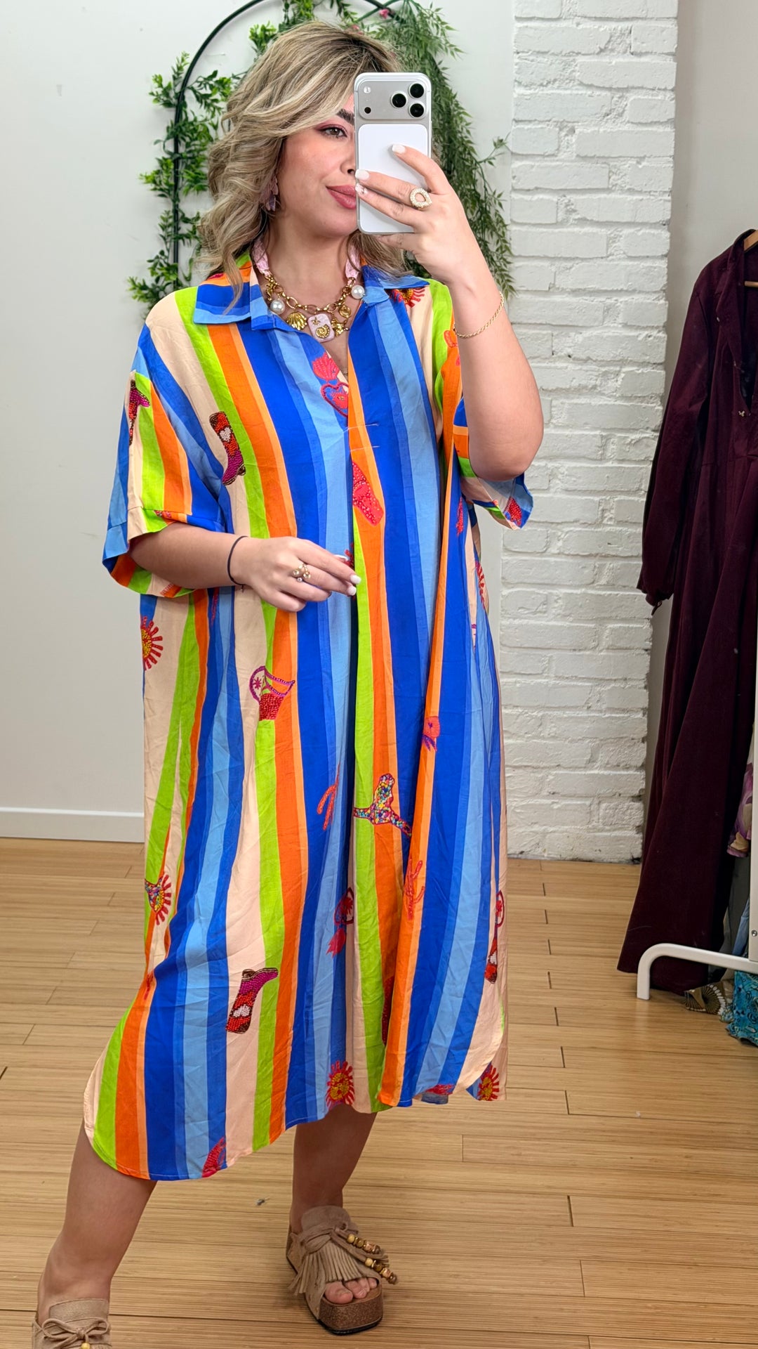 Robe midi à rayures, bleue oranger