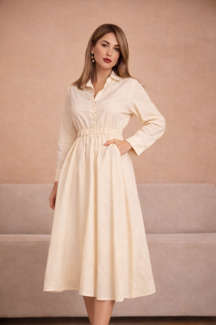 ROBE MIDI COL CHEMISE CRÈME