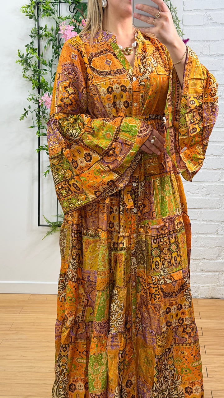 Robe patchwork en soie multicolore