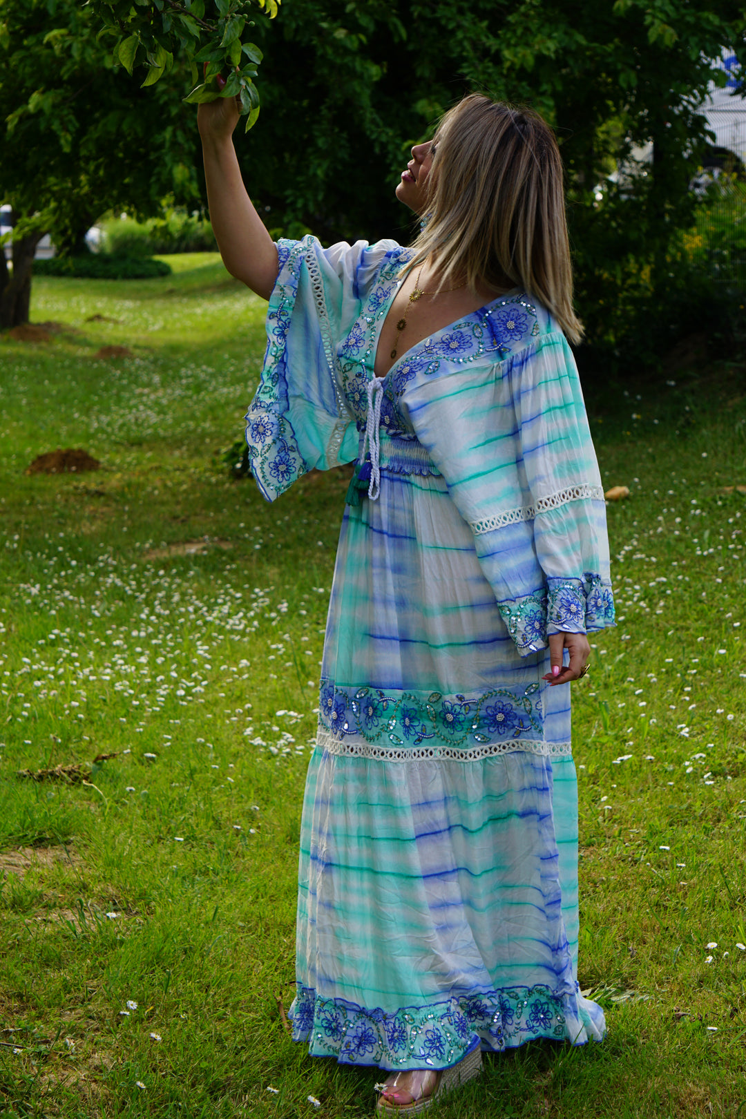 MALAGR ROBE LONGUE MAXI BOHÈME BLEUE DÉGRADÉ