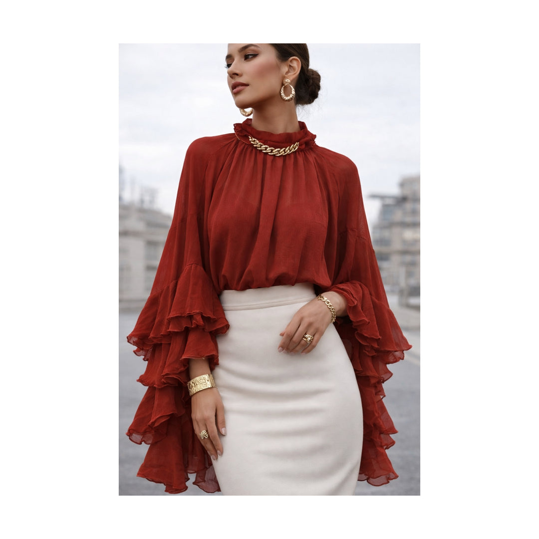 Blouse bohème chic à manches volantes – Terracotta