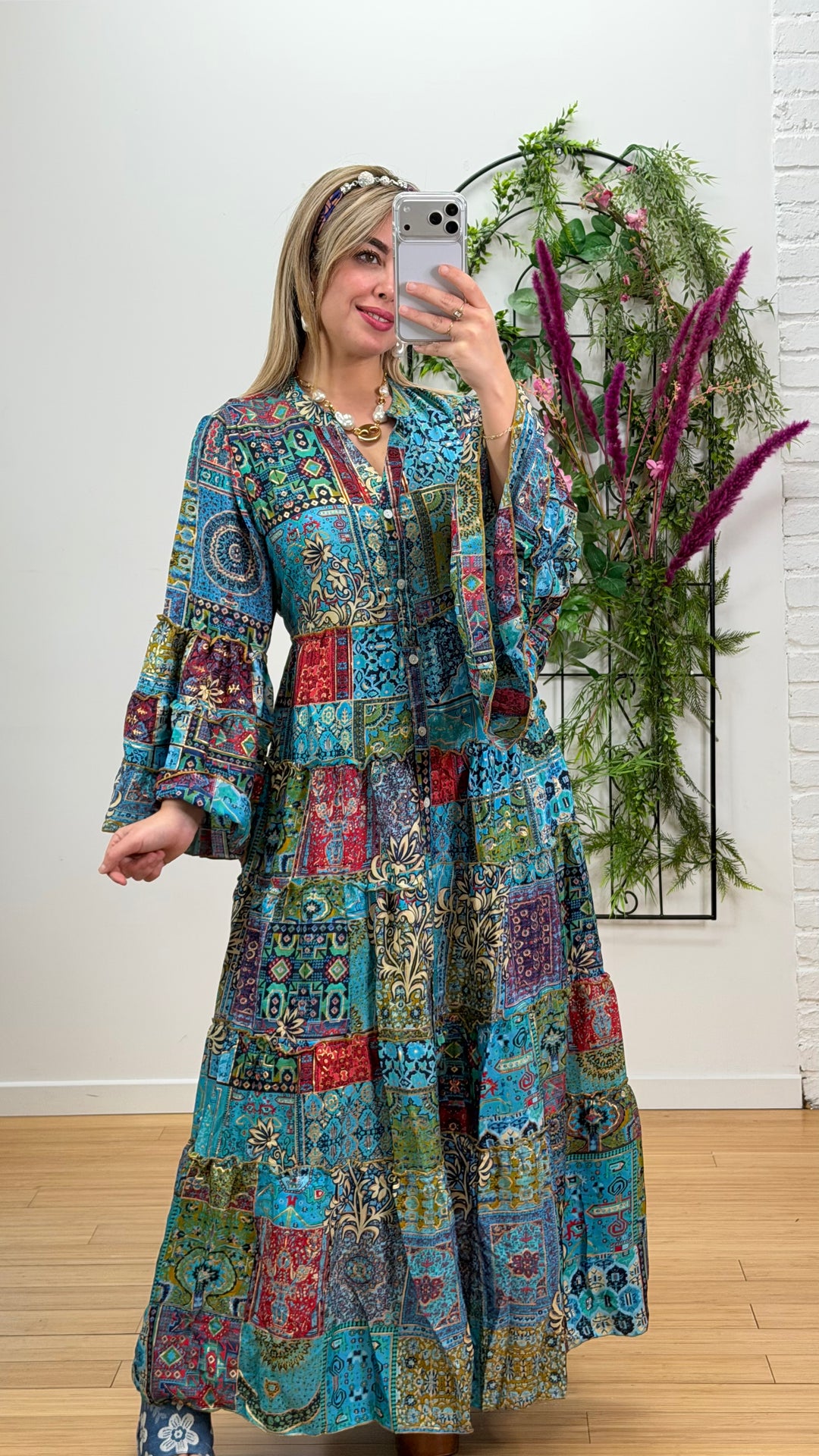 Robe patchwork en soie multicolore