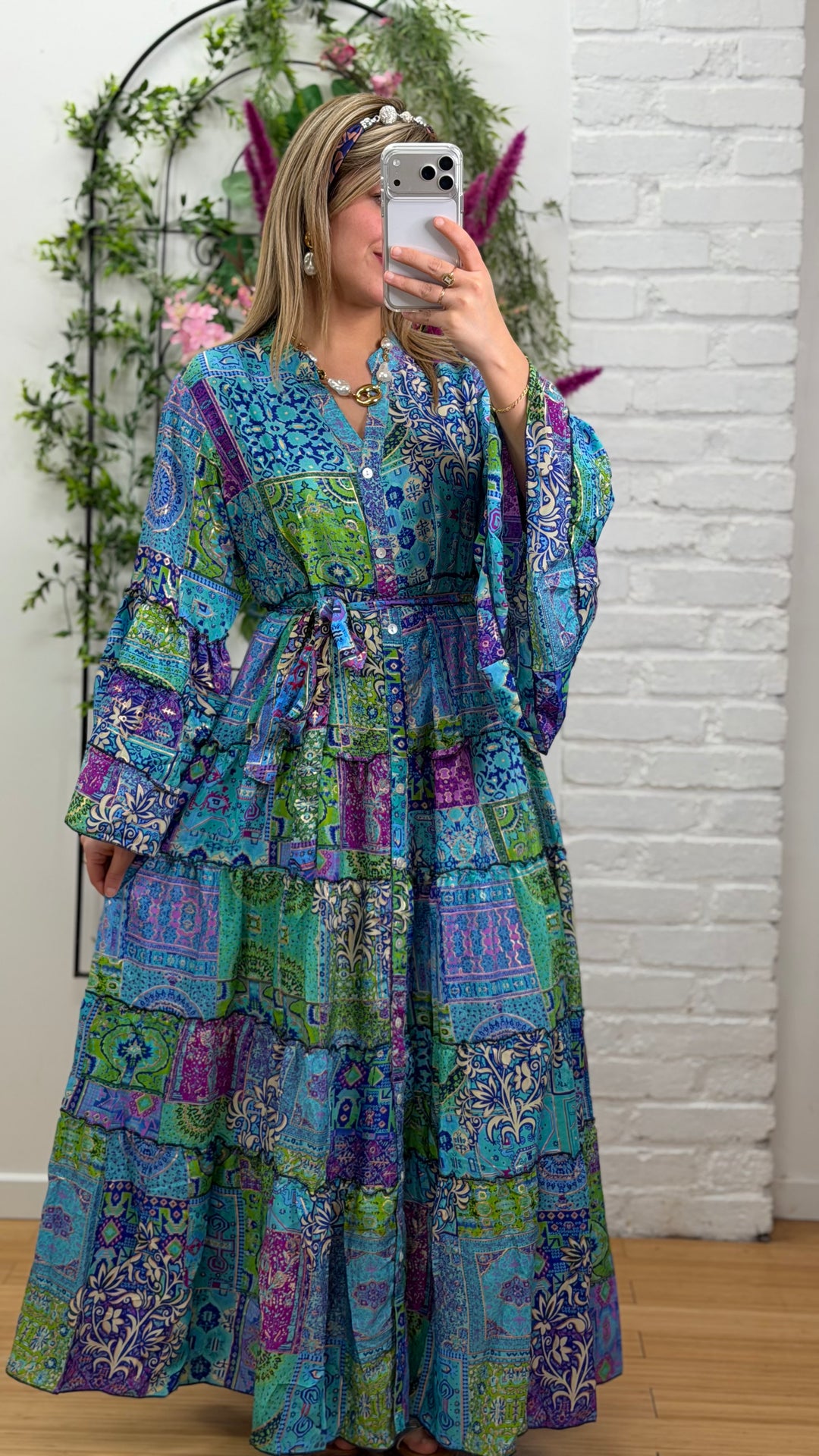 Robe patchwork en soie multicolore