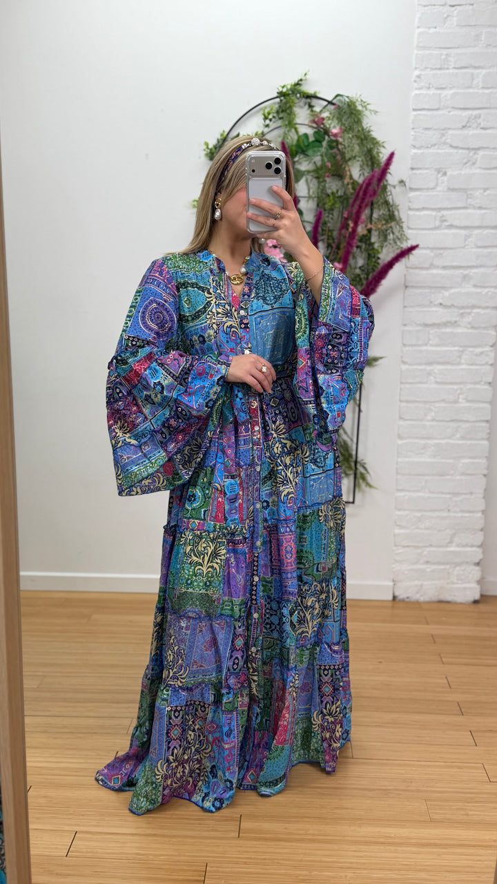 Robe patchwork en soie multicolore
