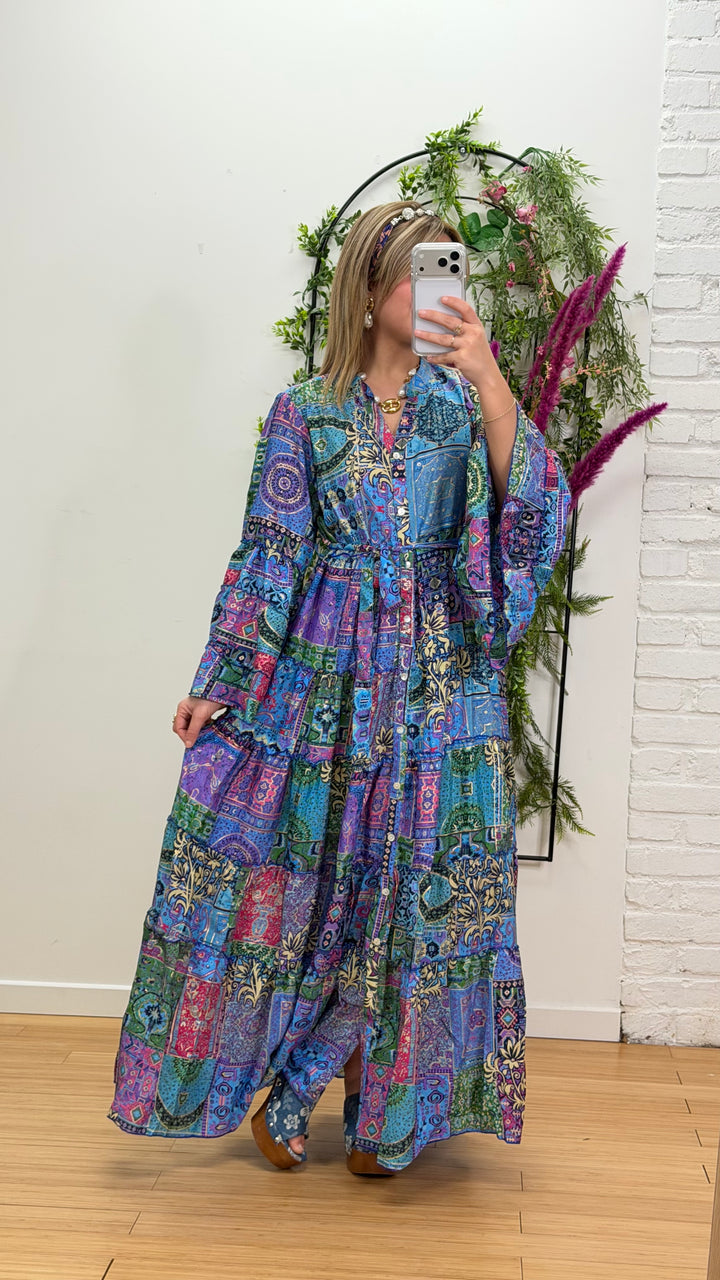 Robe patchwork en soie multicolore
