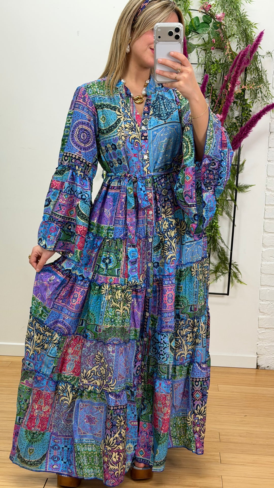 Robe patchwork en soie multicolore