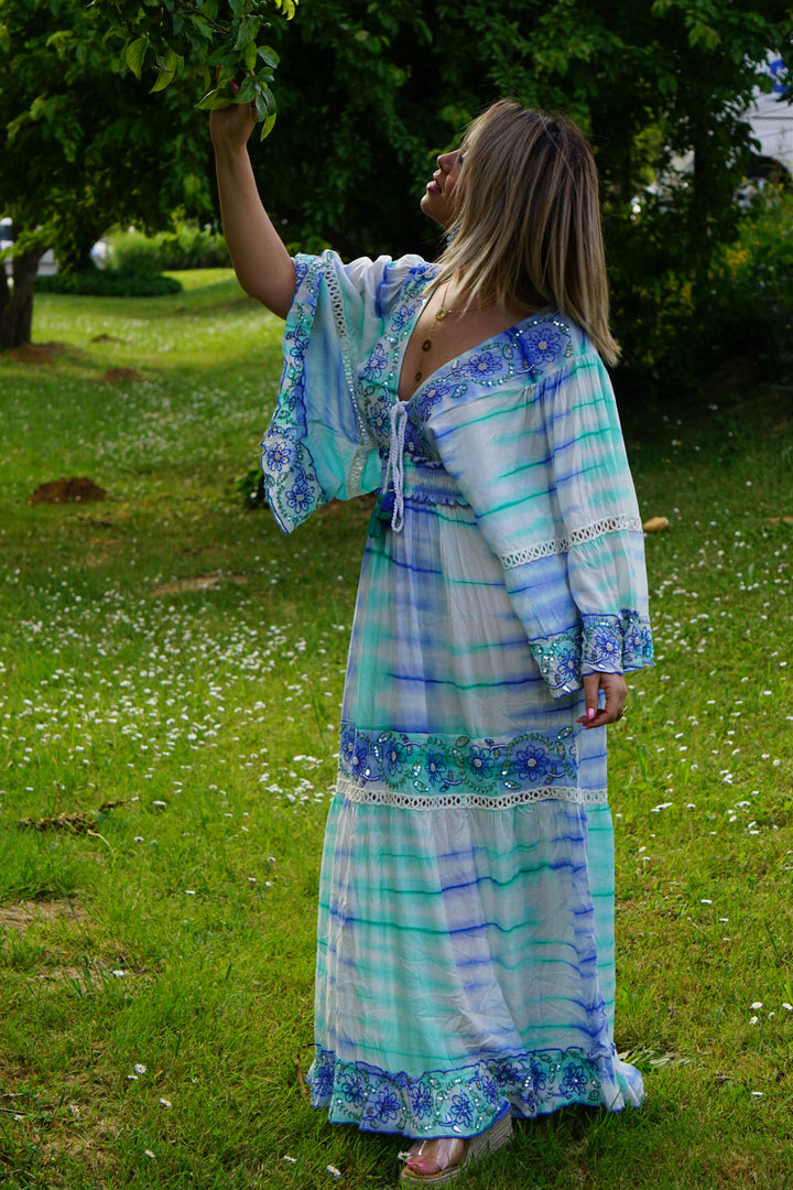 MALAGR ROBE LONGUE MAXI BOHÈME BLEUE DÉGRADÉ