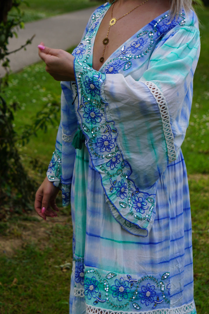 MALAGR ROBE LONGUE MAXI BOHÈME BLEUE DÉGRADÉ