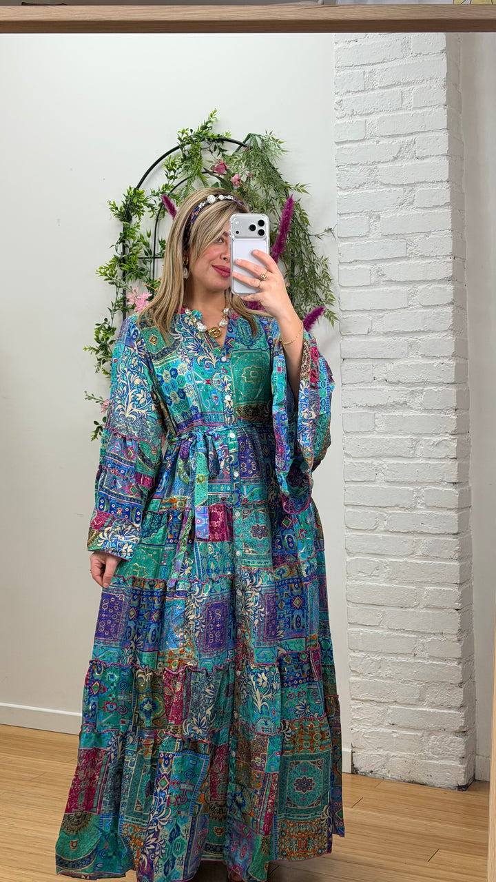 Robe patchwork en soie multicolore