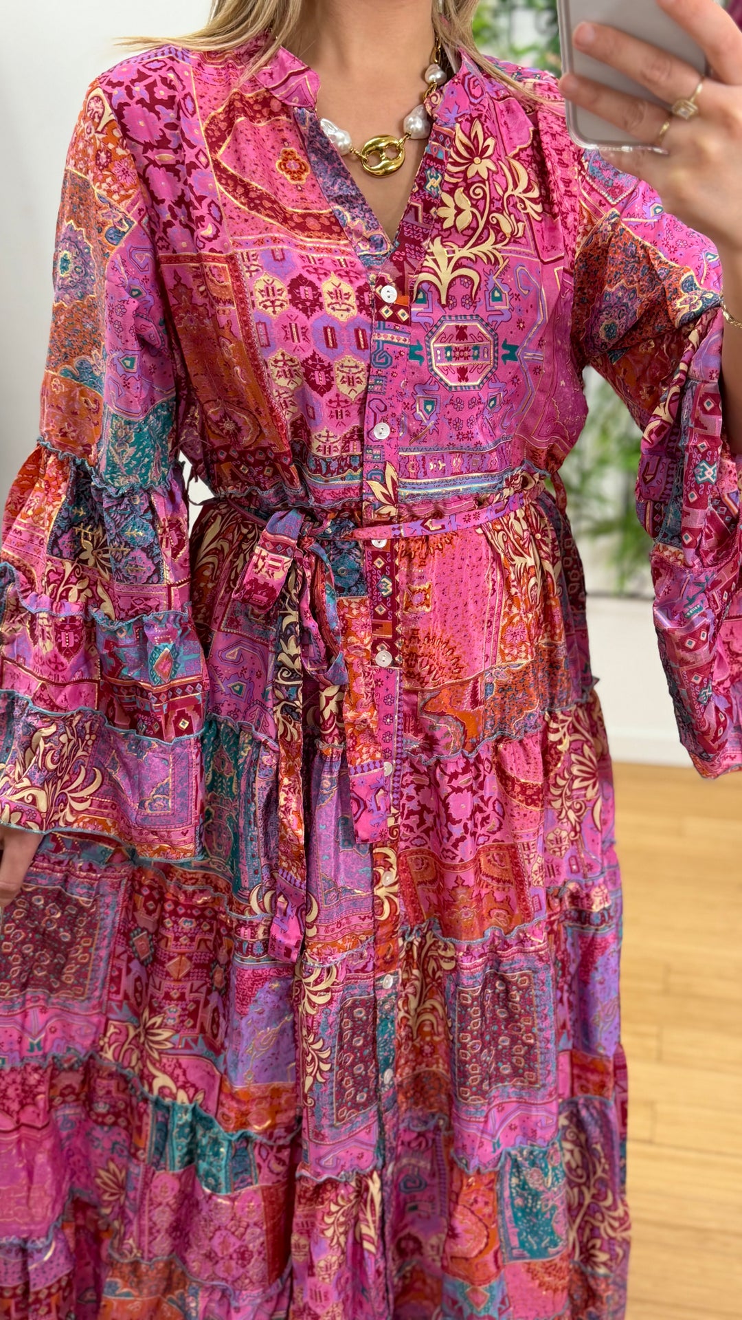 Robe patchwork en soie multicolore