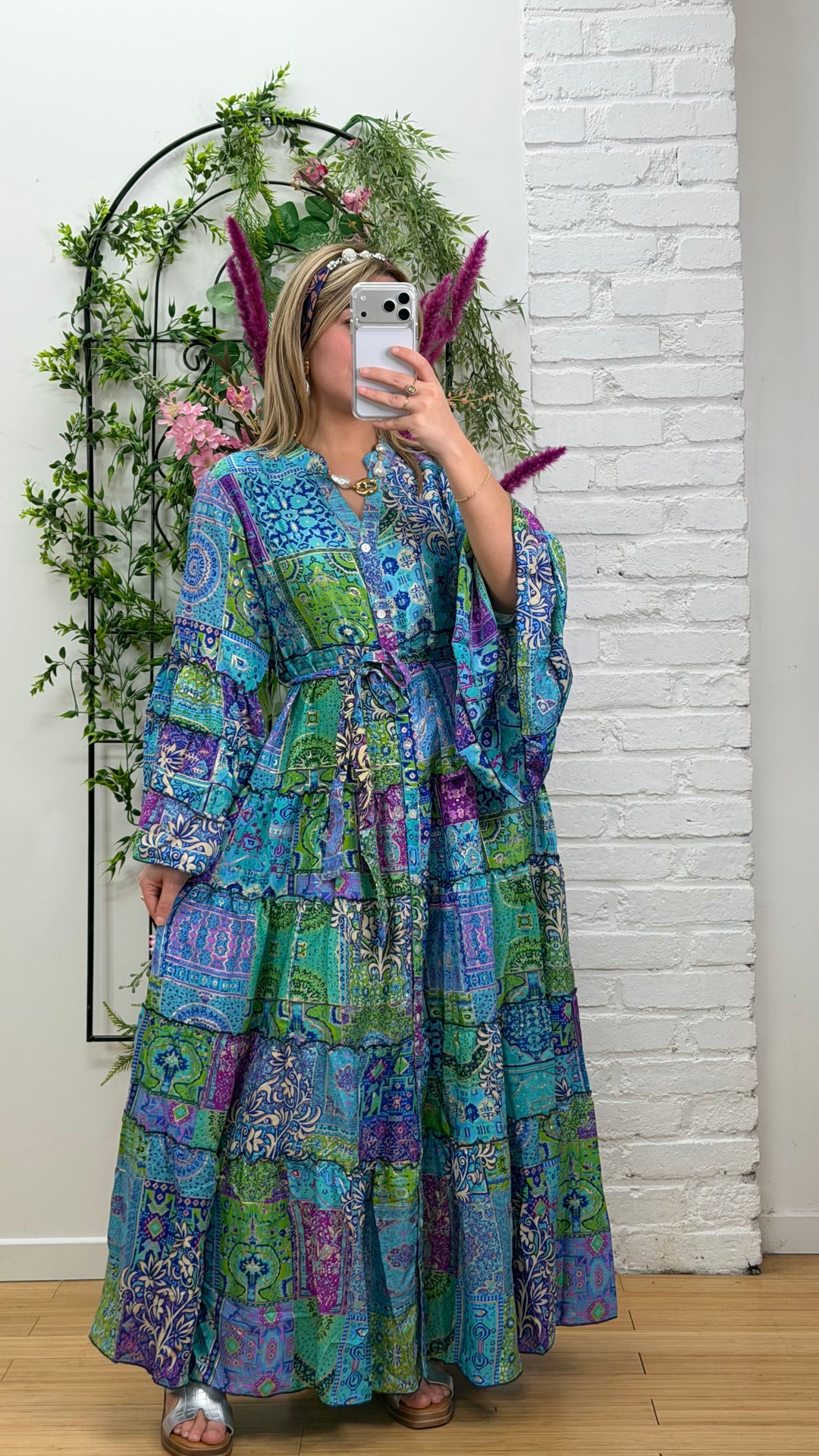 Robe patchwork en soie multicolore