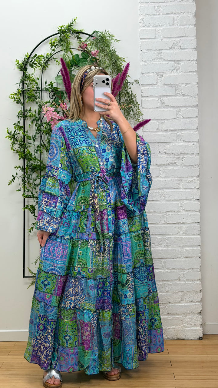 Robe patchwork en soie multicolore