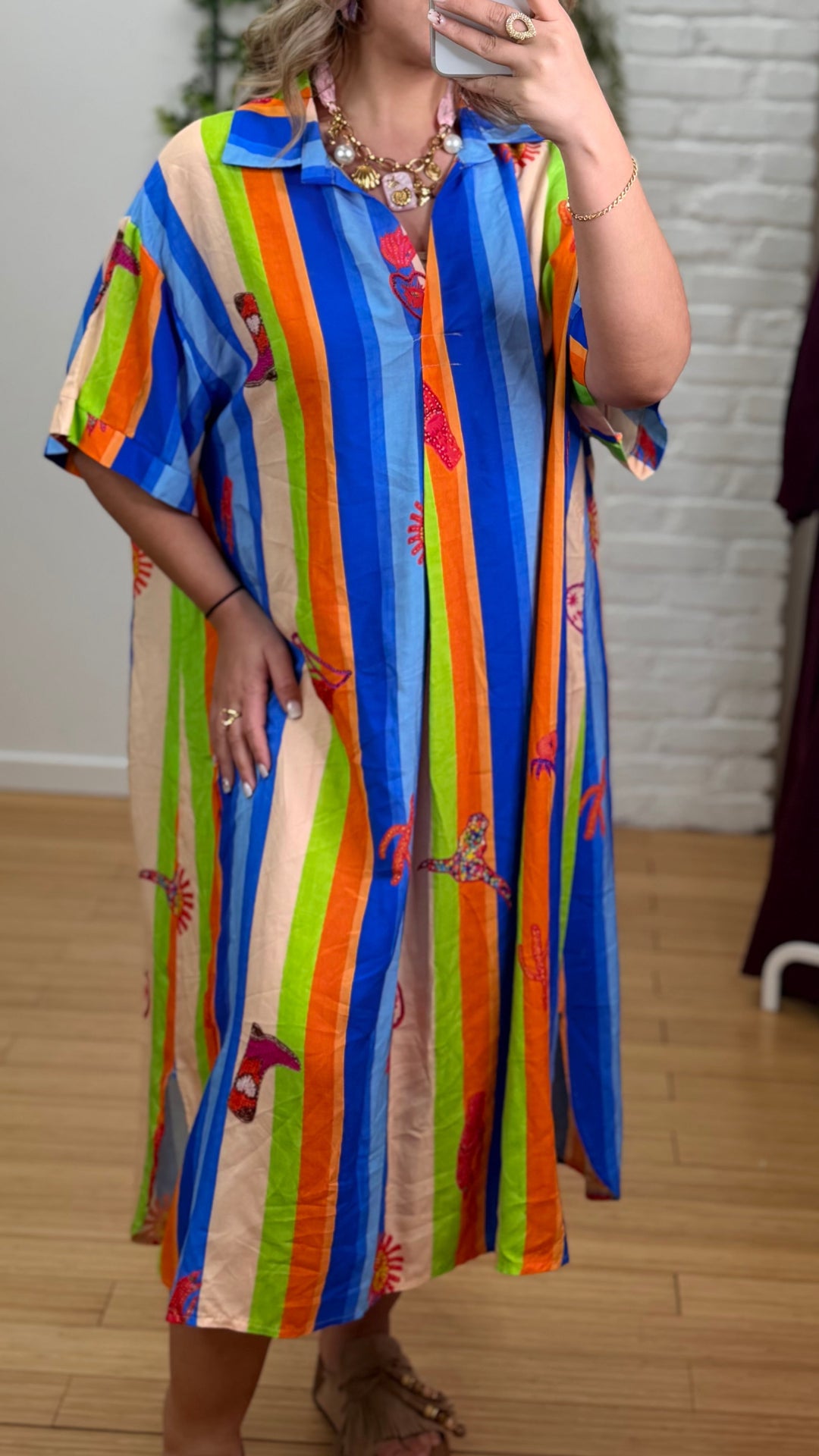 Robe midi à rayures, bleue oranger
