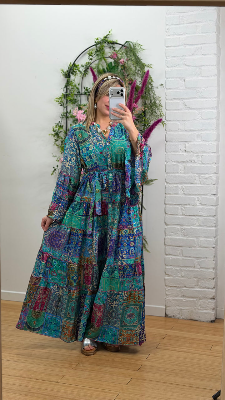 Robe patchwork en soie multicolore
