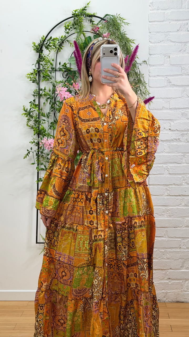 Robe patchwork en soie multicolore