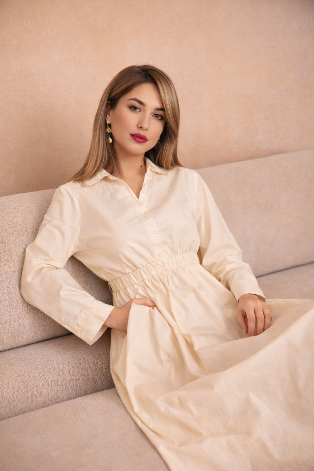 ROBE MIDI COL CHEMISE CRÈME